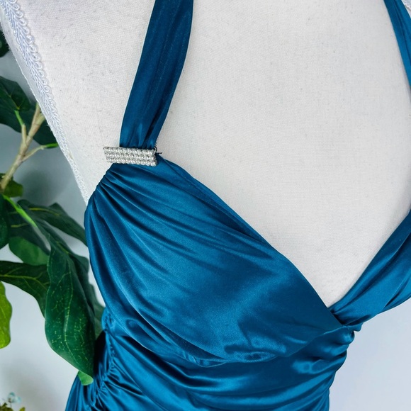 LOVE TEASE BLUE TEAL BLING SCRUNCH MINI BODY CON HALTER TOP DRESS - Picture 3 of 6